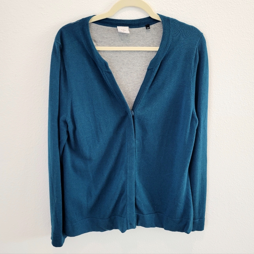 CAbi Blue Cardigan Sweater Mesh Back Panel Snap Front Women’s L